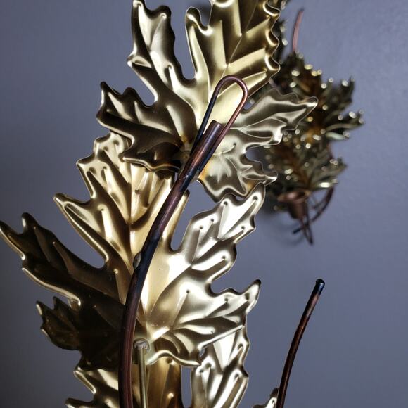 Vintage MCM Gold Metal Candle Holder Wall Scones Leaf Fall Wall Hanging Set Of 2 - Picture 7 of 12